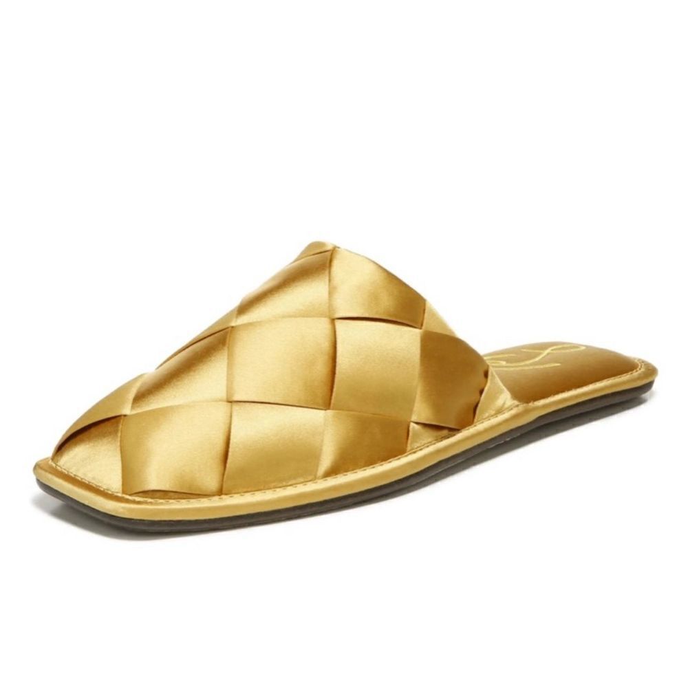 Sam Edelman Mules Ladies 6.5 Gold Slip On Round Toe Woven Satin Finish Shoes
